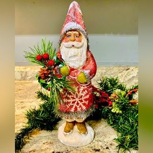Olde World paper mache’ red print standing Santa with wreath and berries spray!